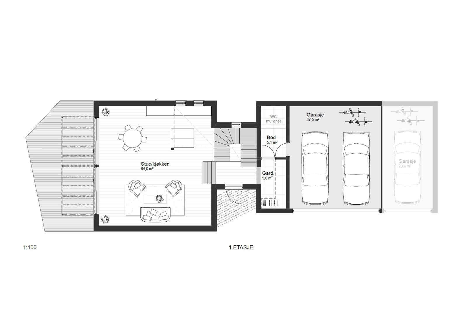 Bolig C - 1. etasje: Entre/hall, stue og kjøkken. Mulighet for wc-rom som endring. Garasjeplass for 2 biler Galleribilde