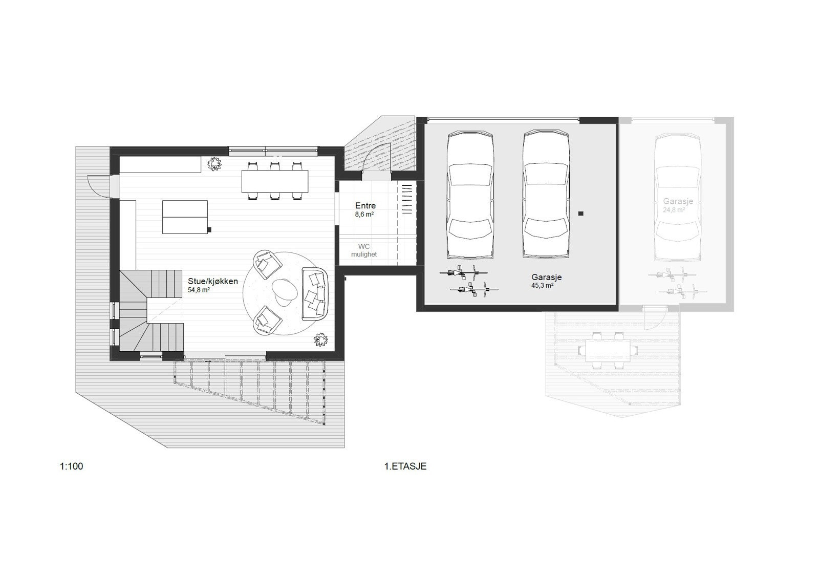 Bolig B - 1. etasje: Entre/hall, stue og kjøkken. Mulighet for wc-rom som endring. Garasjeplass for 2 biler Galleribilde