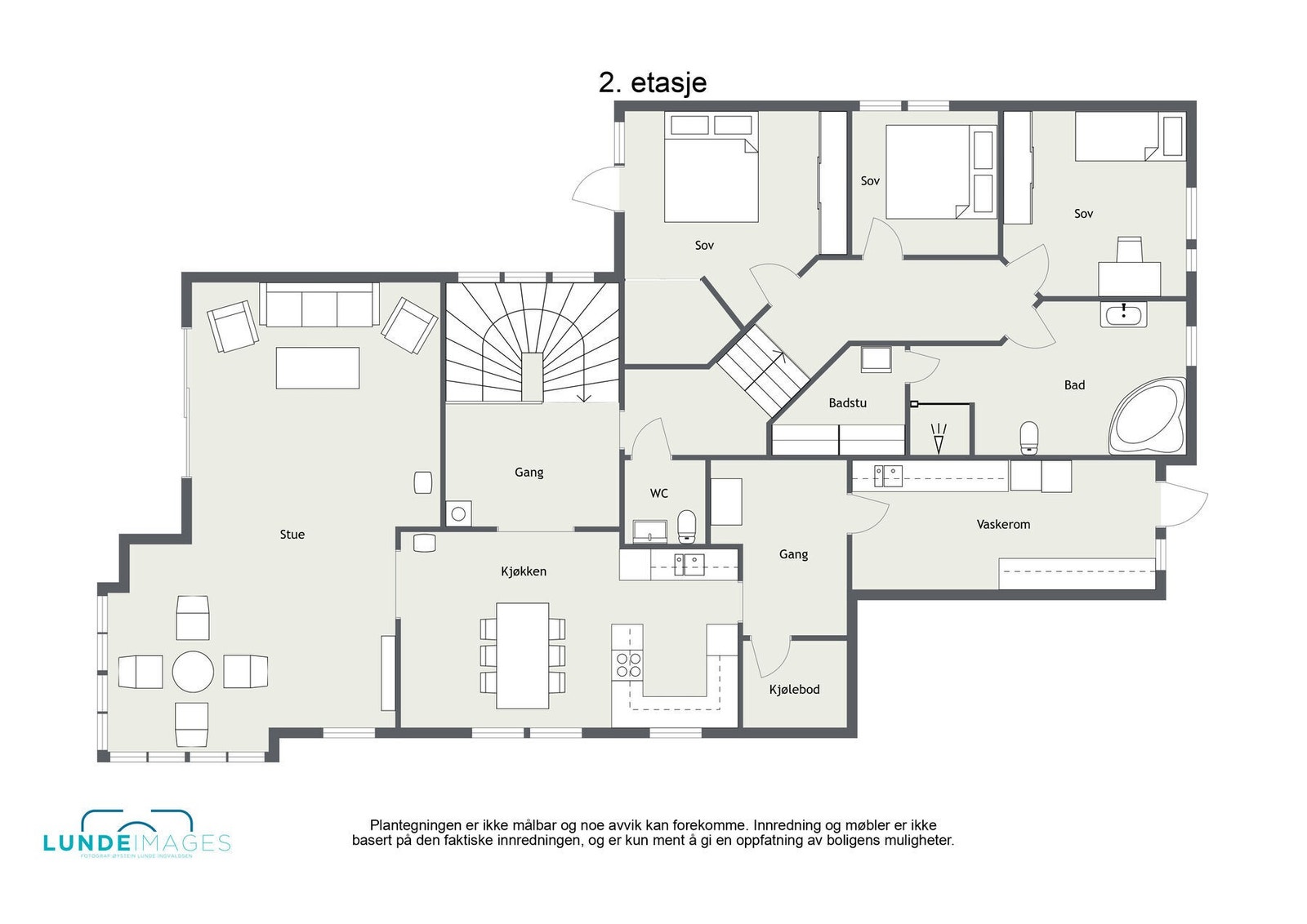 Plantegning 2. etasje - ikke målbar - 2. etasje har et BRA på 191 kvm. Galleribilde