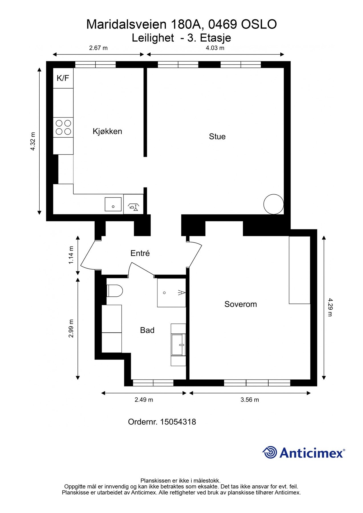 Plantegning. I tillegg disponerer leiligheten 3 boder; en bod på ca. 1m² i 2. etasje, en kjellerbod på ca. 5m², samt en loftsbod med gulvareal på ca. 5m². Galleribilde