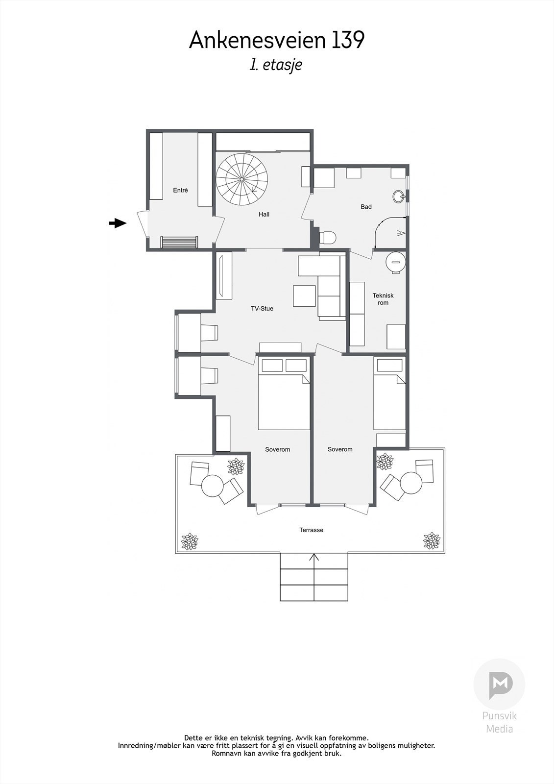 Vi starter med en rask titt på plantegningen i 1. etasje. Galleribilde