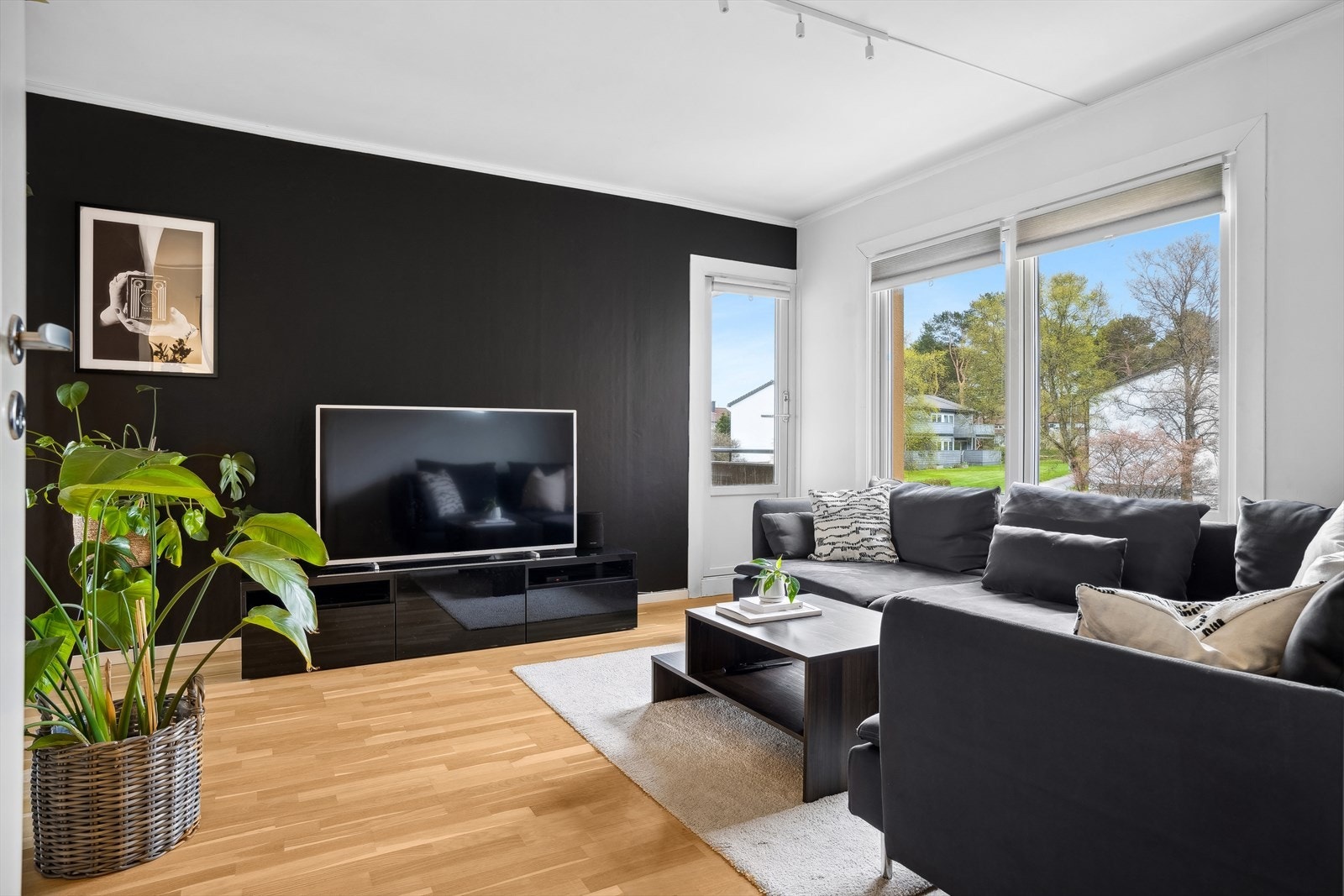 Stuen har store vindusflater med god plass til sofagruppe og bord, samt TV-møblement Galleribilde