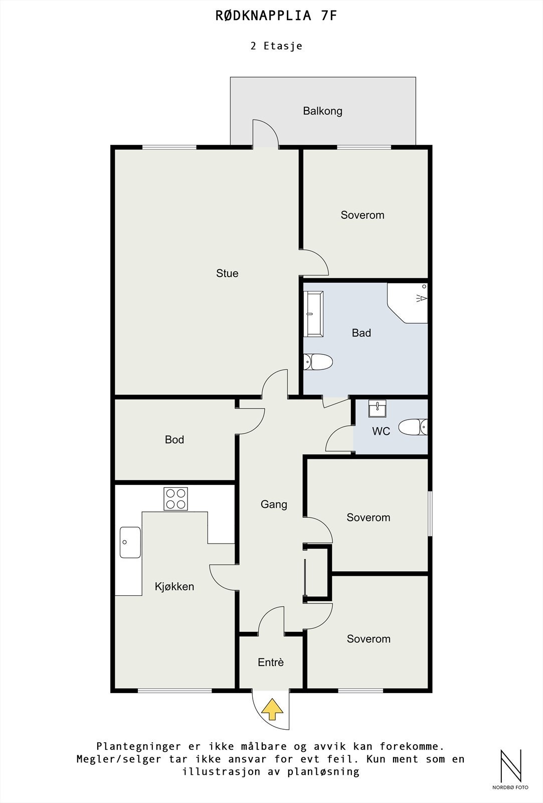 Plantegning slik leiligheten er med 3 godkjente soverom. Galleribilde