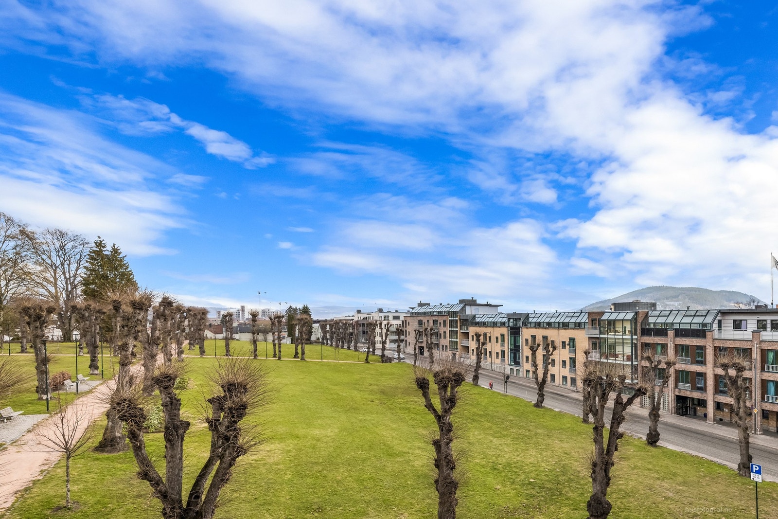 Fin utsikt fra stue/kjøkken/soverom og balkongen - østvendt mot parken Galleribilde