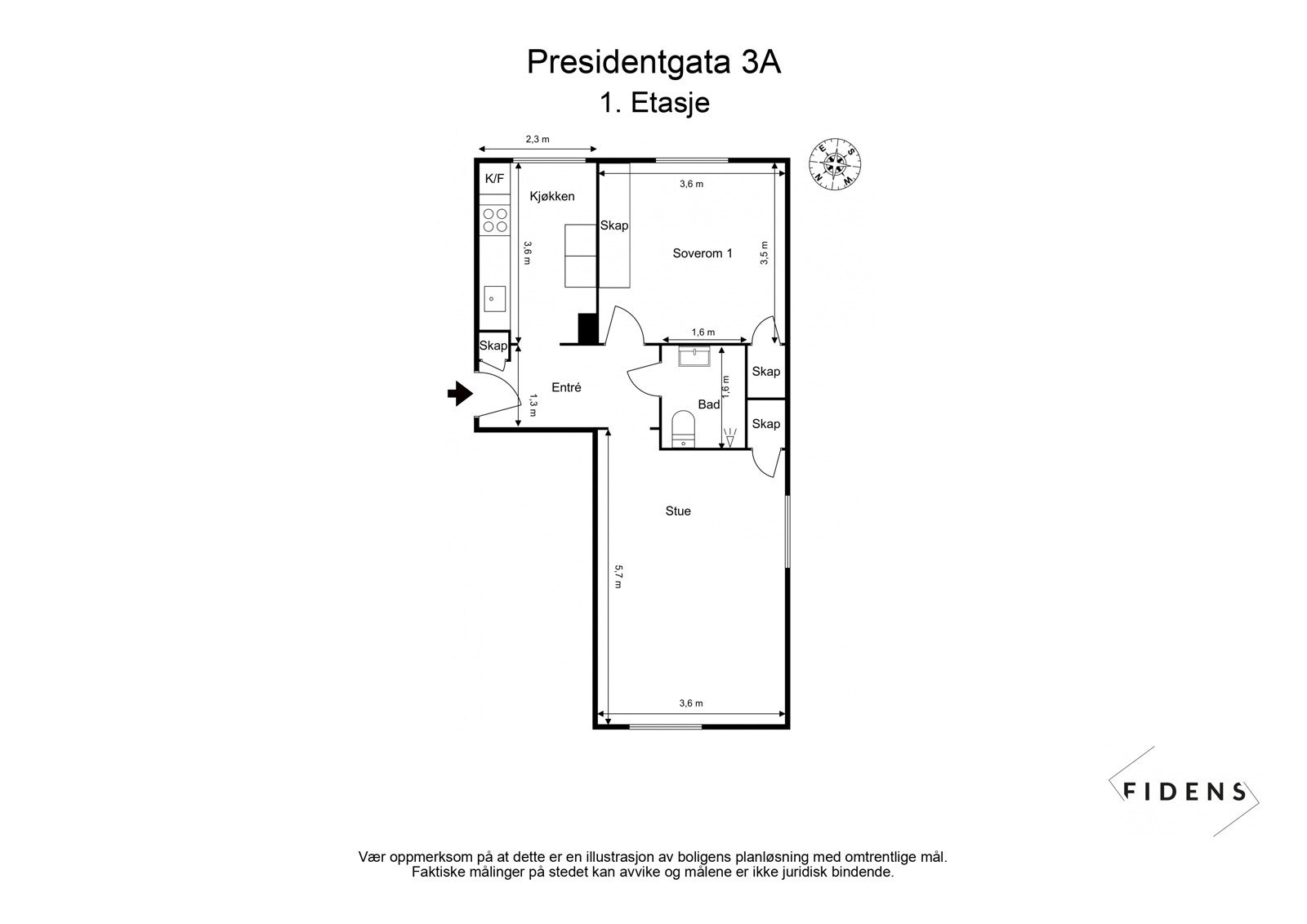 Leiligheten ligger i en høy 1.etasje og inneholder stue, kjøkken, soverom, bad, entré. Det er også en kjellerbod på ca. 4 kvm. Galleribilde