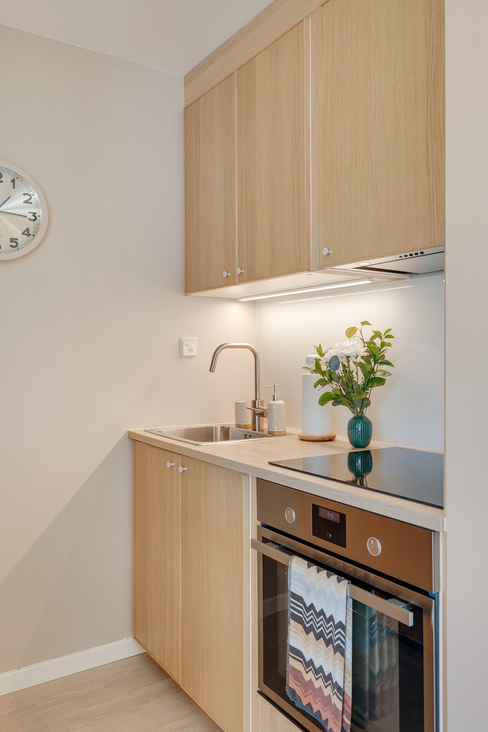 Integrert stekeovn med induksjon koketopp. Videre er det opplegg for en liten oppvaskmaskin under vasken. Galleribilde