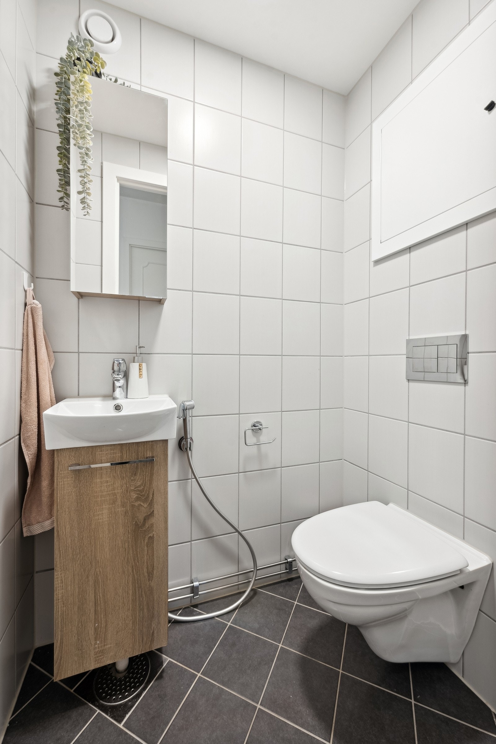 Praktisk med adskilt toalett. Servant med innredning, overskap med speil og vegghengt toalett. Galleribilde