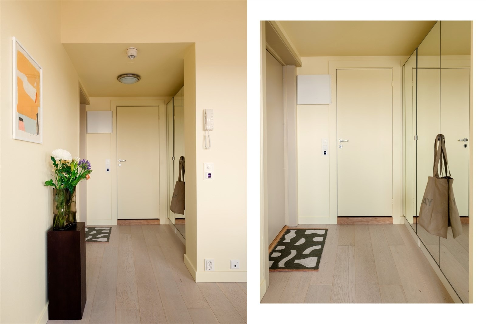 Entréen gir et godt førsteinntrykk av leiligheten. Her har du rikelig med lagringsplass i praktiske speilskap. Leiligheten varmes opp gjennom gulvvarme i alle rom. Galleribilde