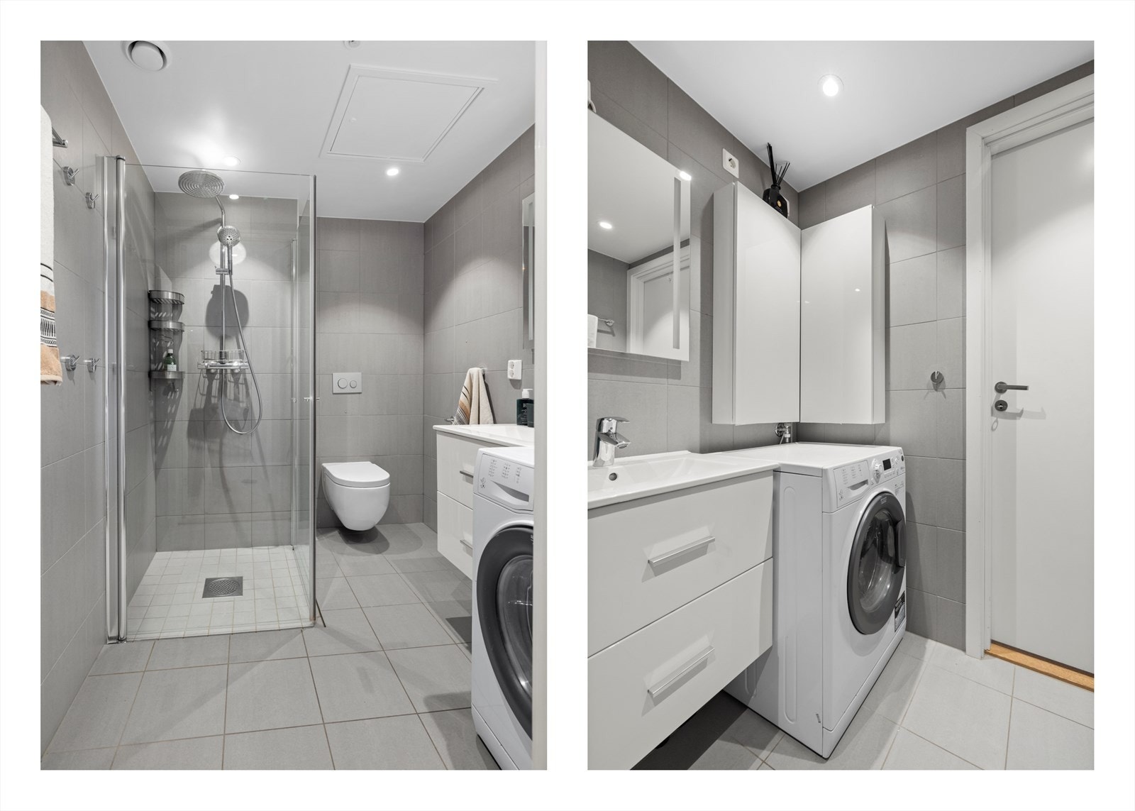 Overflater er utført med flislagte vegger og malt himling med innfelte downlights. Innredning med vegghengt klosett, servantinnredning, servant med ettgreps blandebatteri, speil med lys, dusjdører, dusjarmatur, opplegg og plass til vaskemaskin. Galleribilde