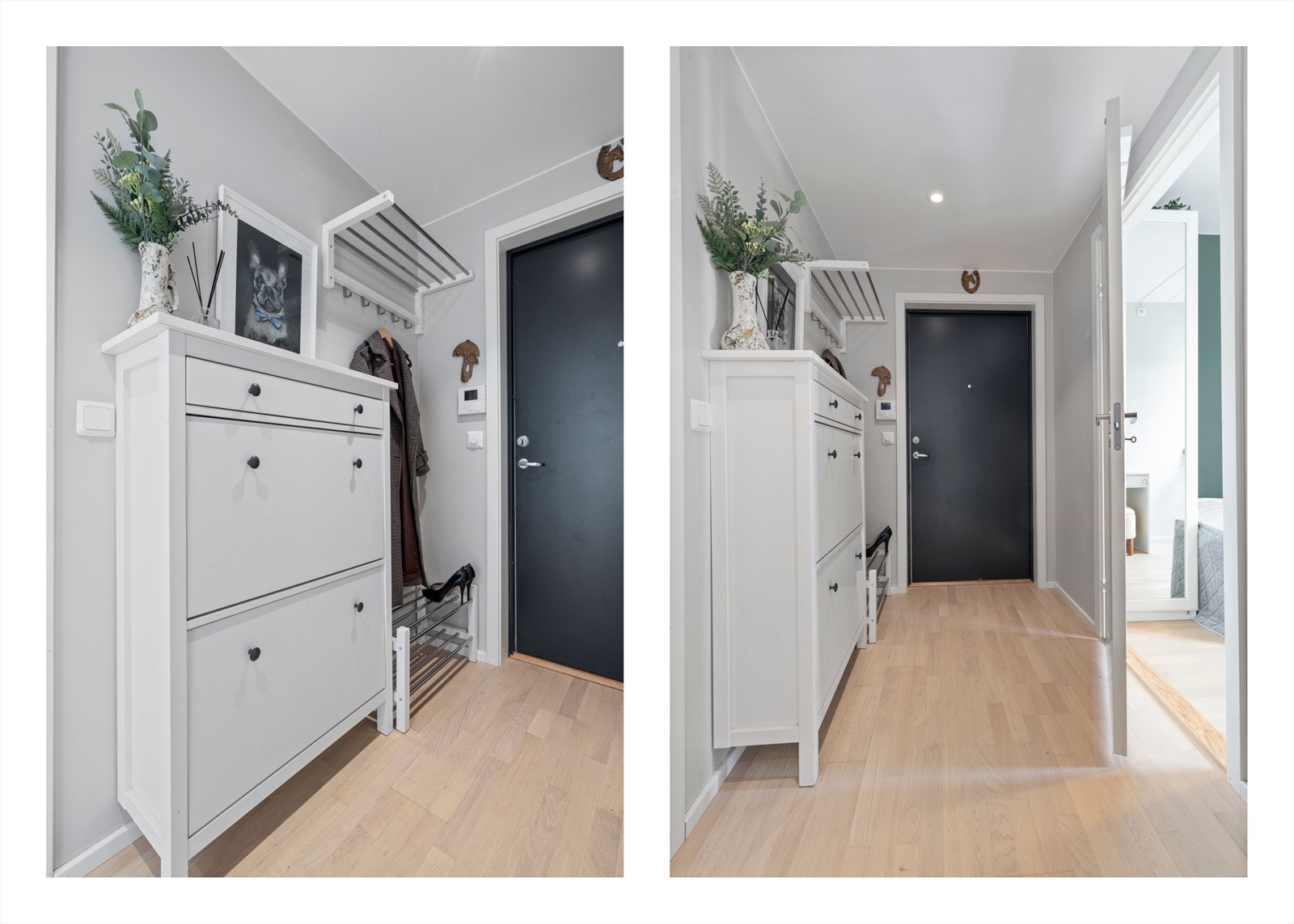 God plass til oppbevaring av yttertøy og sko. Det er montert dørcalling på vegg. Innfelte downlights i entré/gang. Galleribilde