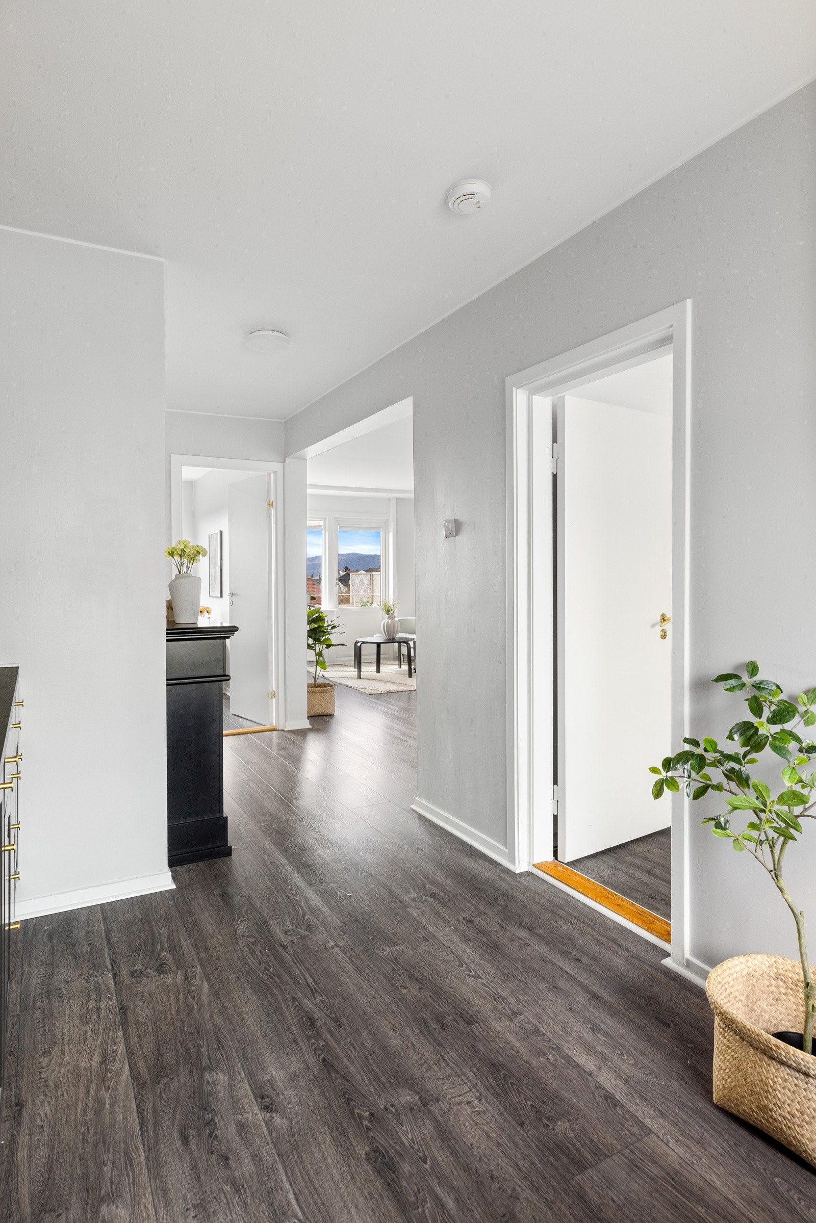 Den romslige entréen har moderne farger på overflater og laminat på gulv, noe som er gjennomgående for resten av leiligheten. Galleribilde