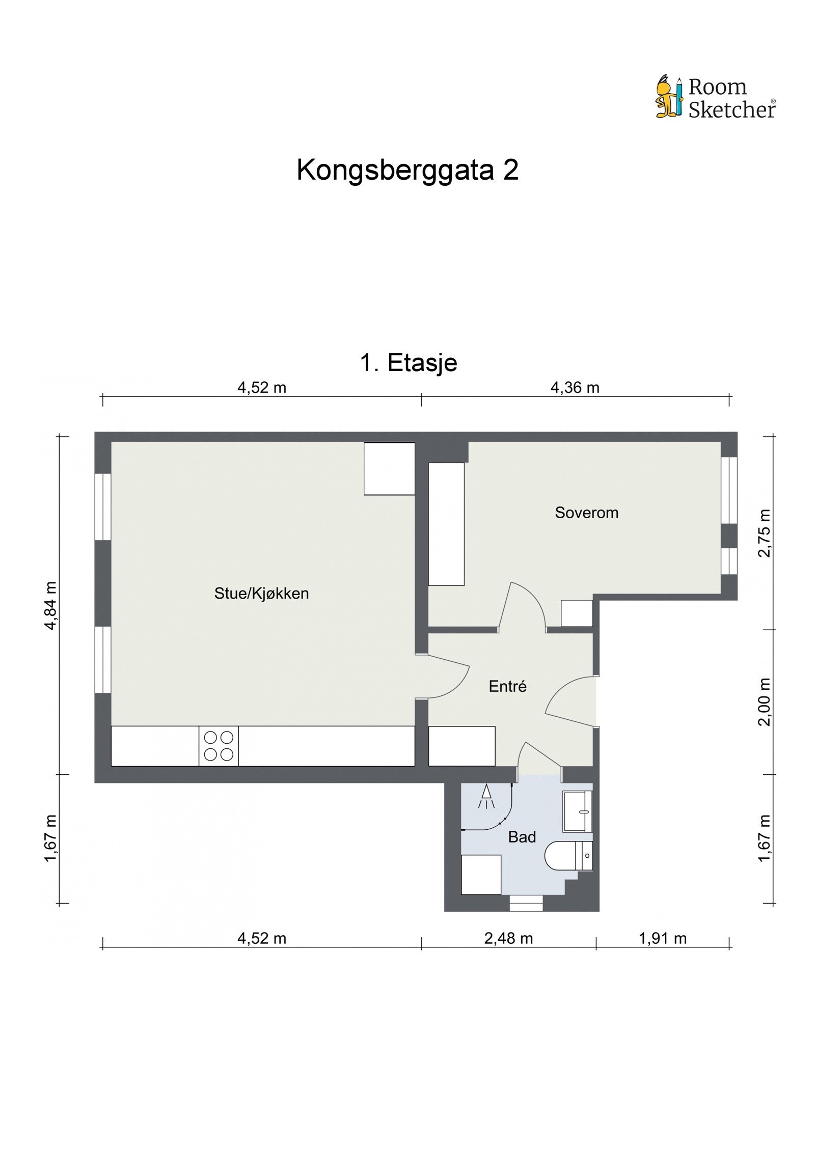 Plantegning. I tillegg disponerer leiligheten en bod under felles trapp med gulvflate på ca. 2m², en bod i trappeoppgang på ca. 1m², samt en kjellerbod på ca. 2,5m². Galleribilde