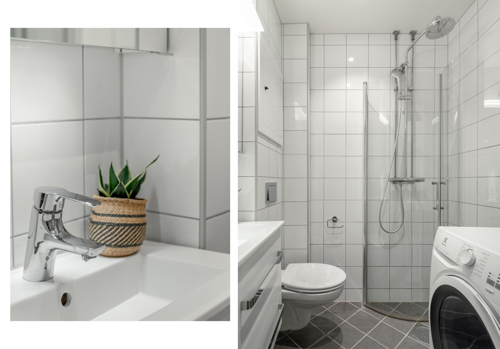 Badet er innredet med dusjhjørne, servant med skuffinnredning og vegghengt toalett. Det er varme i gulvet, samt plass og opplegg til vaskemaskin. Galleribilde