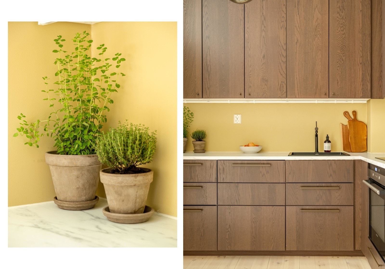 Selve kjøkkenet fremstår moderne med mørke fronter og lys benkeplate. Galleribilde