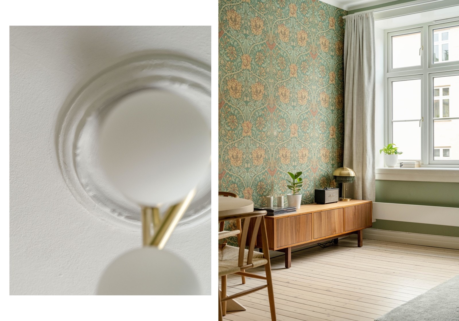 Her får du flotte kvaliteter som rosett, originale tregulv, generøs takhøyde, dype vinduskarmer og store vindusflater som slipper inn godt med naturlig dagslys. Galleribilde