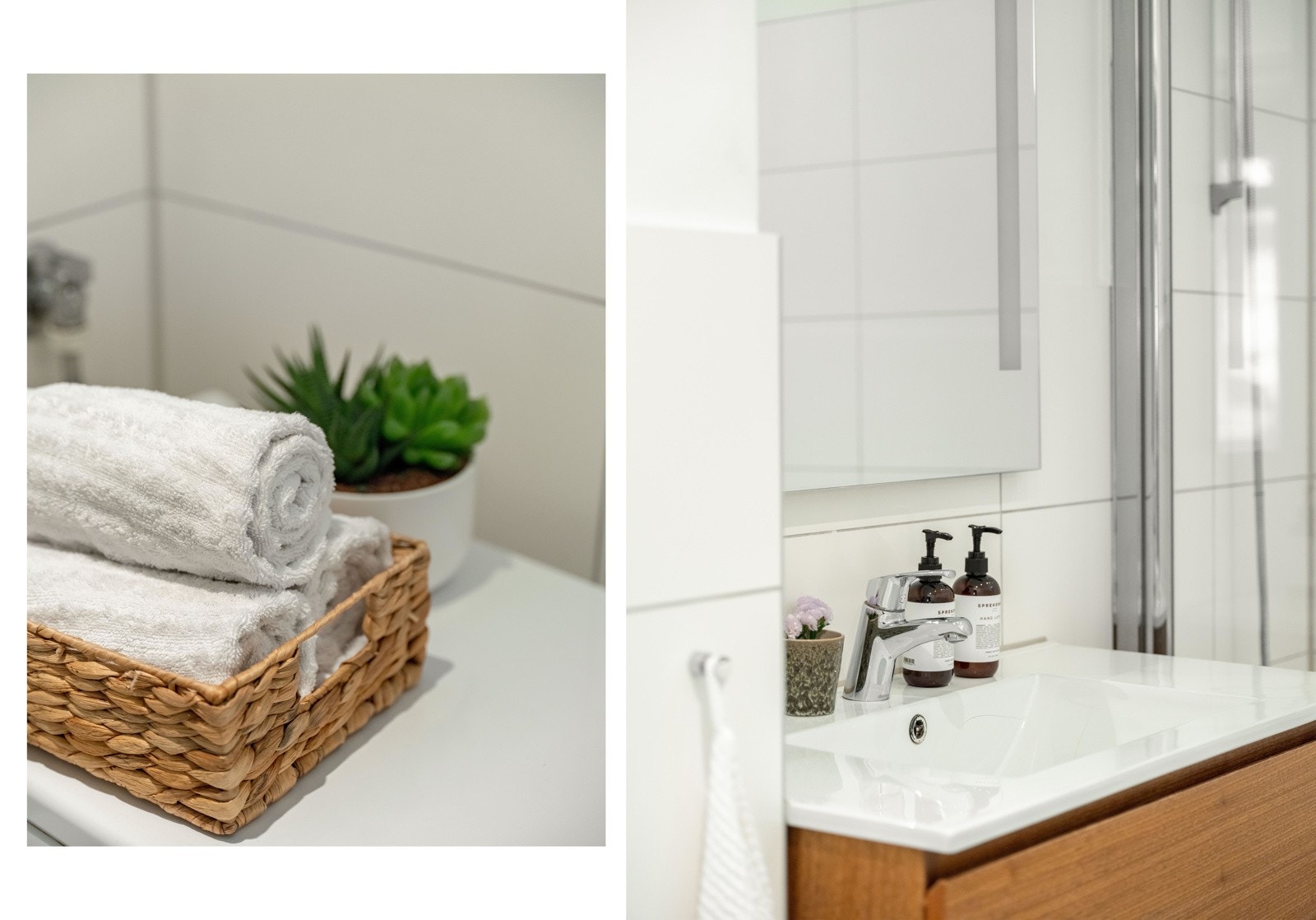 Badet inneholder en flott innredning med skuffer, speil, vegghengt toalett og badekar med innfellbar glassdør. Galleribilde