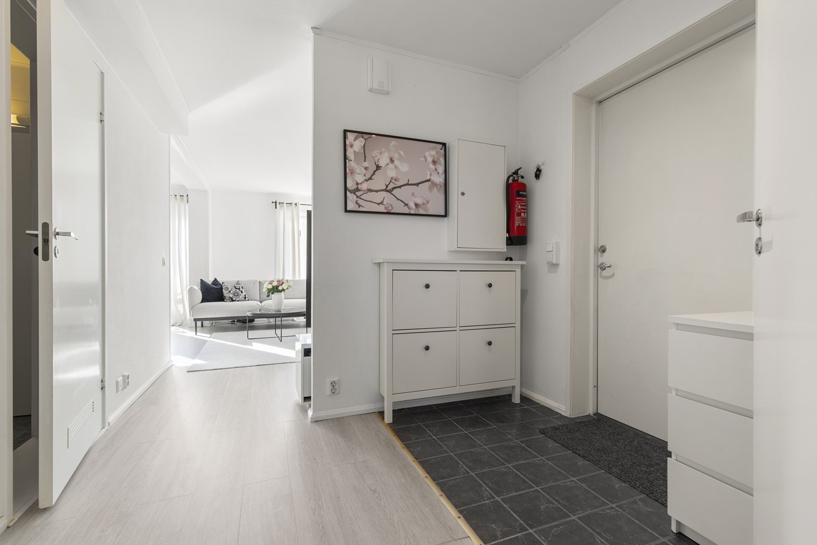 Inngangspartiet er delvis flislagt og har plass til kommode og skoskap. Galleribilde