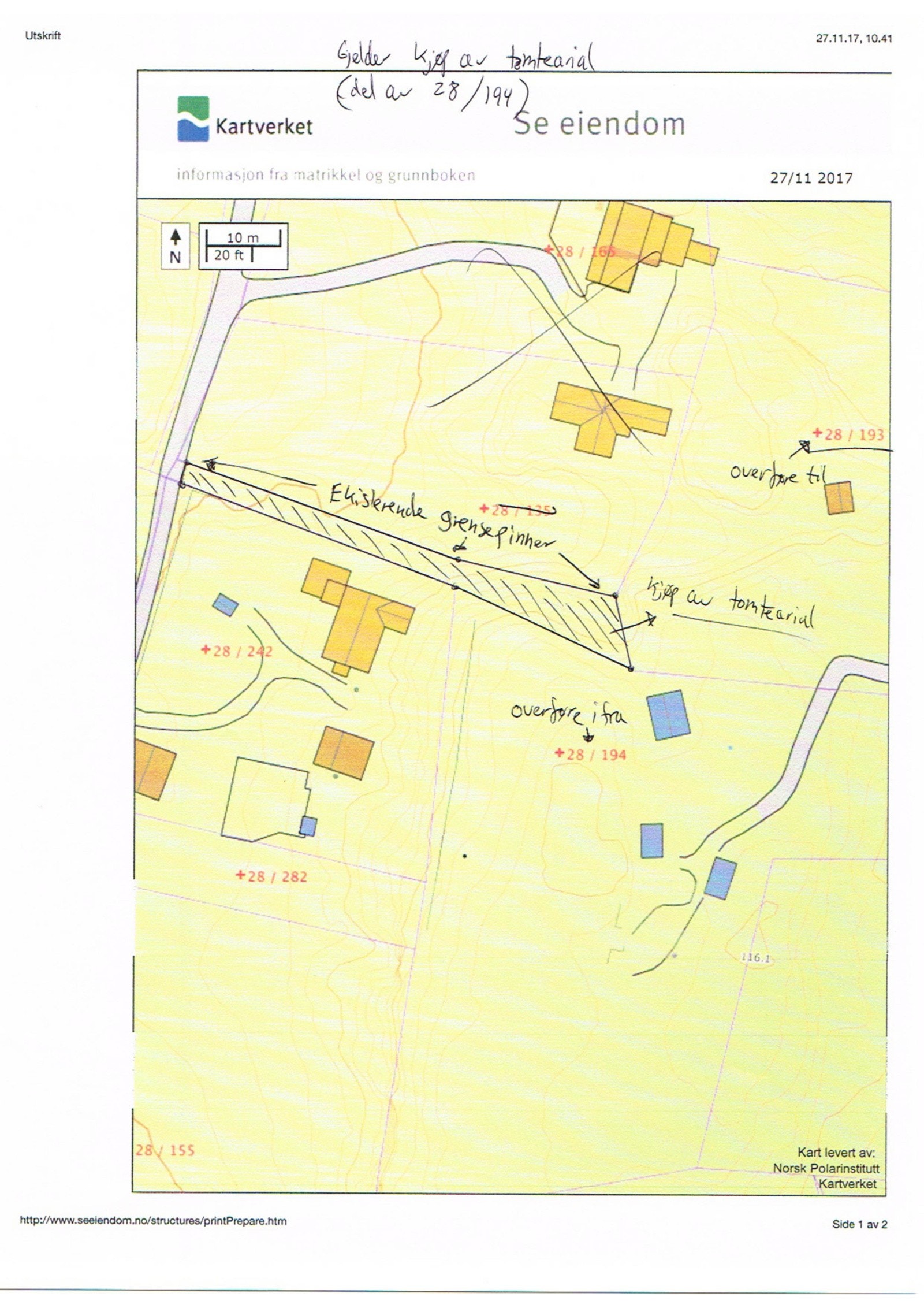 Forklaring: Kjøp av tomteareal fra 28/194 (som skal legges til 28/193) Galleribilde