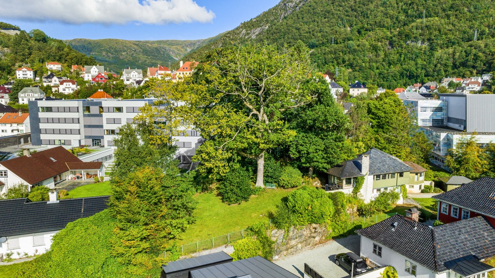 Et av arkitekt Kåre Frølich særtrekk ved mange av villaene hans er hvor fint bygget og landskapet er knyttet sammen. Årstadgeilen 30 er et bra eksempel på det. Legg merke til de fantastiske eiketrærene på eiendommen. Galleribilde