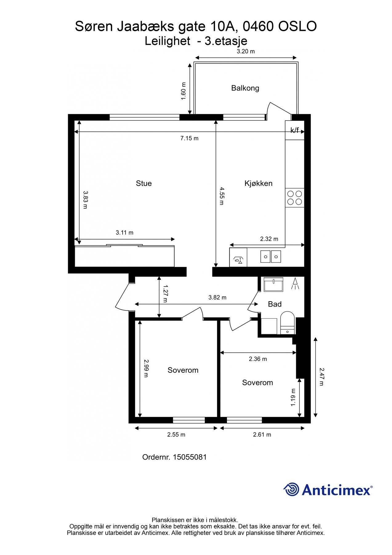 Plantegning. I tillegg disponerer leiligheten en kjellerbod på ca. 7m², samt en loftsbod med gulvareal på ca. 7m². Galleribilde