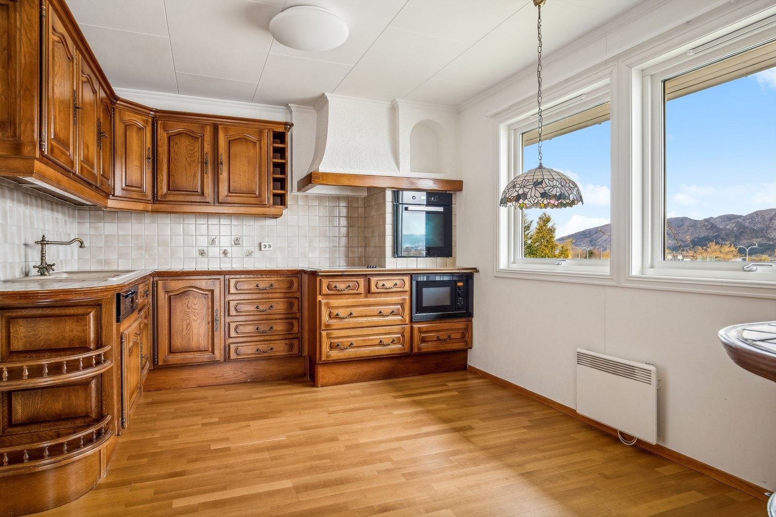 Flott utsikt fra kjøkken. Stekeovn, mikrobølgeovn, steketopp og oppvaskmaskin følger handel Galleribilde