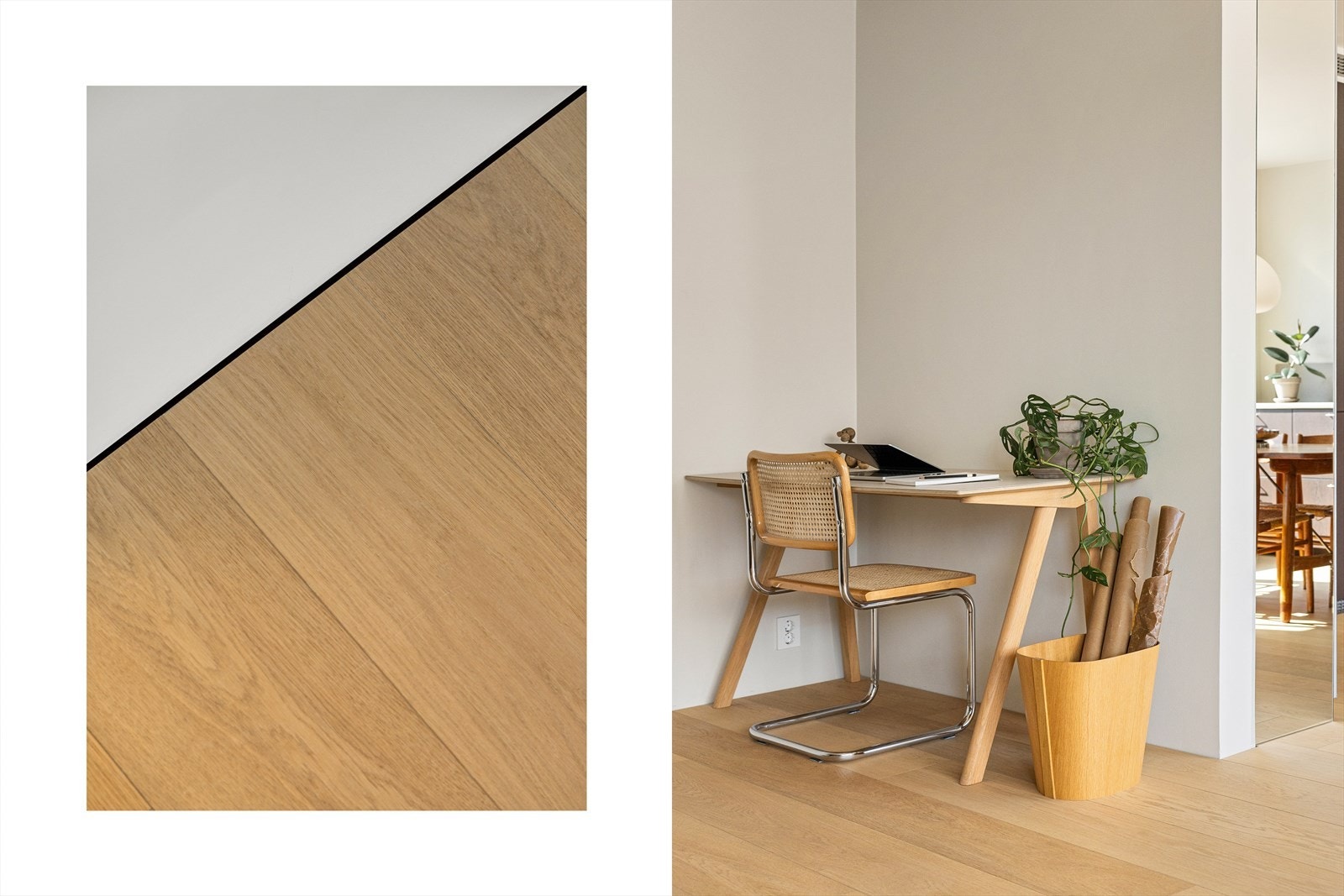 Leiligheten er listefri og er malt i behagelige delikate farger, gulvet er moderne, lys enstavs parkett med varmefolie. Galleribilde