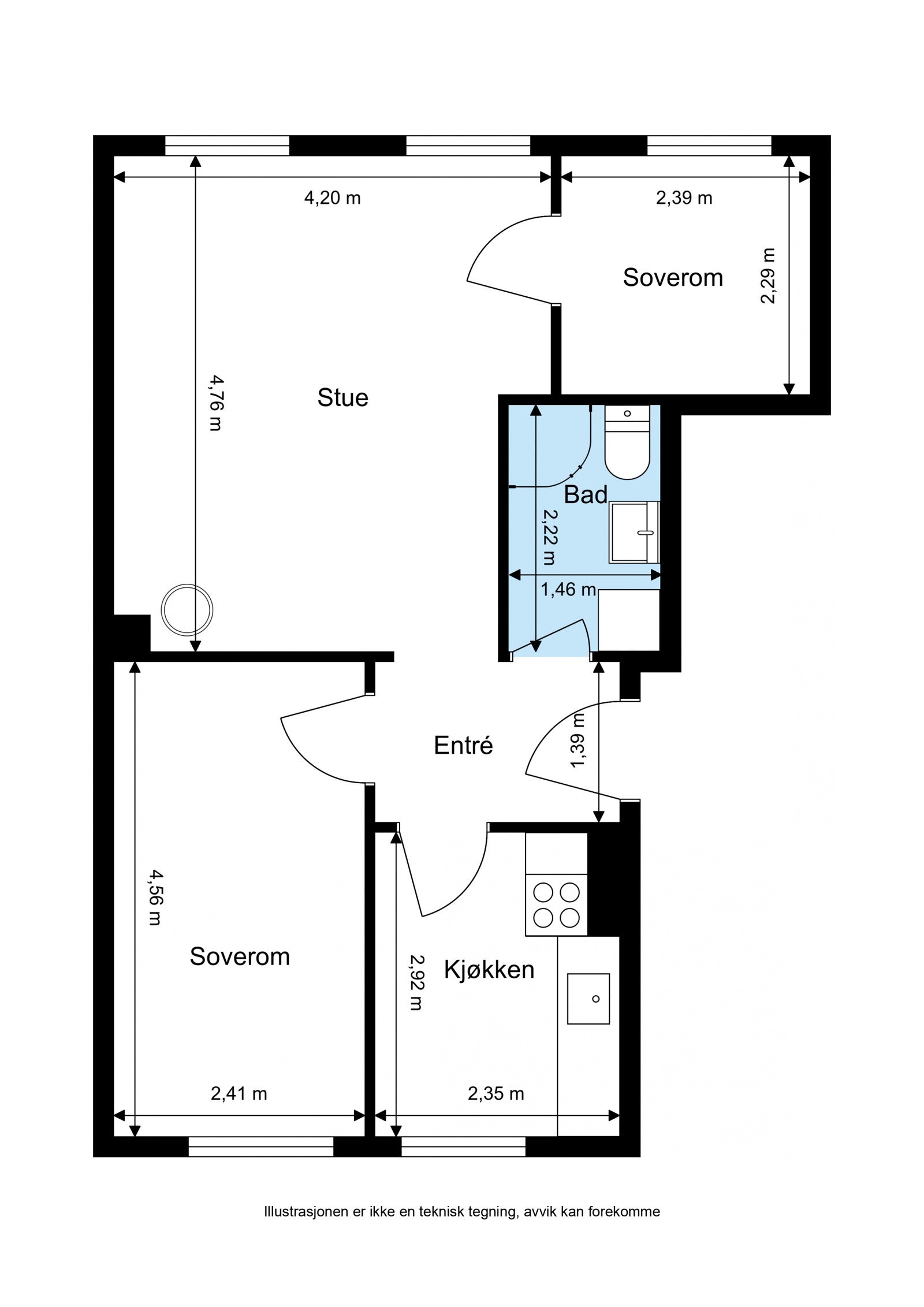 Plantegning. Leiligheten disponerer også en kjellerbod ca. 6,5 kvm og 2 loftsboder på ca. 3,4 og 3,3 kvm gulvflate Galleribilde