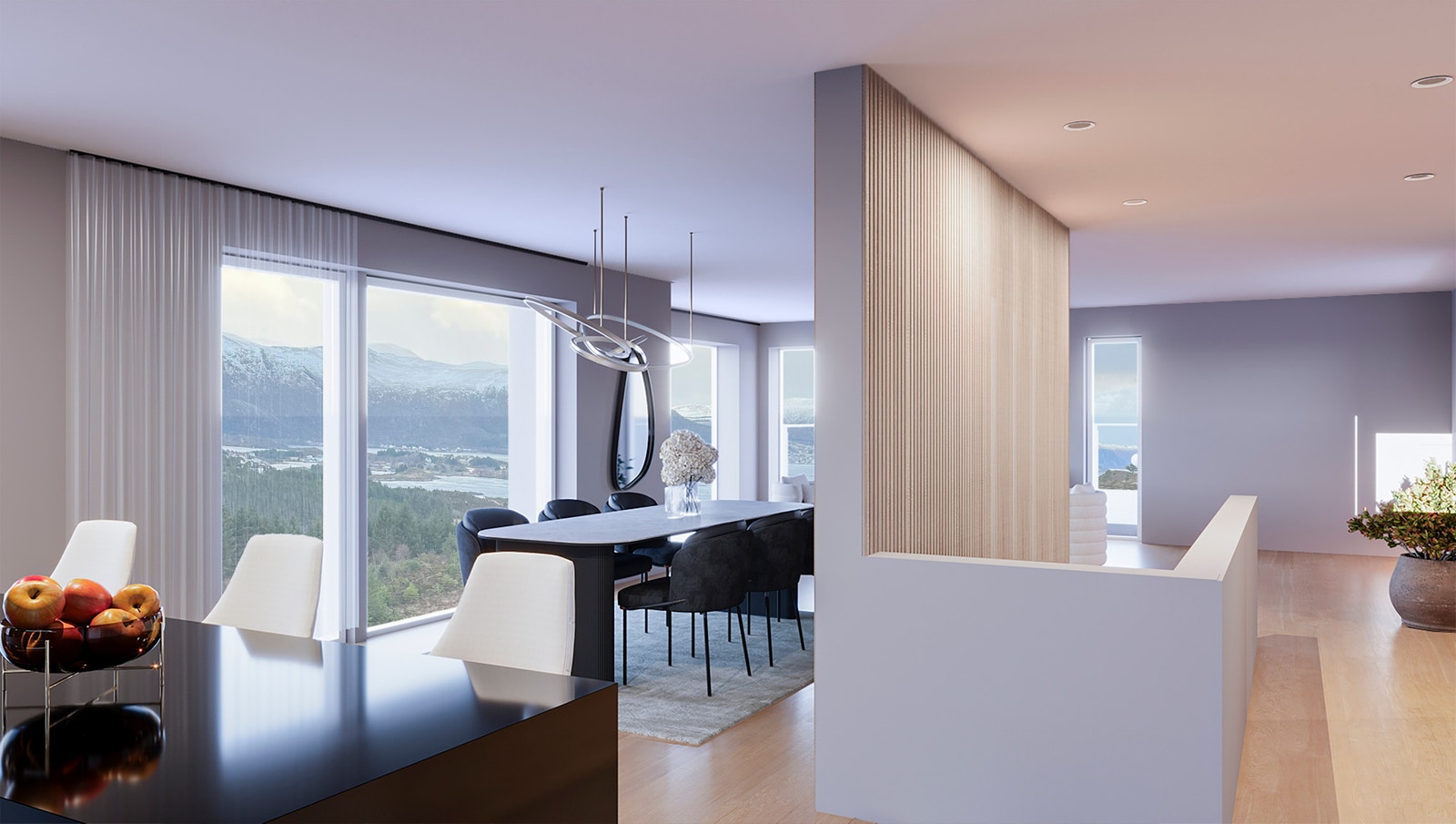 Illustrasjon fra kjøkken mot stue i husmodellen Sidus.
Illustrasjonen kan avvike. Galleribilde