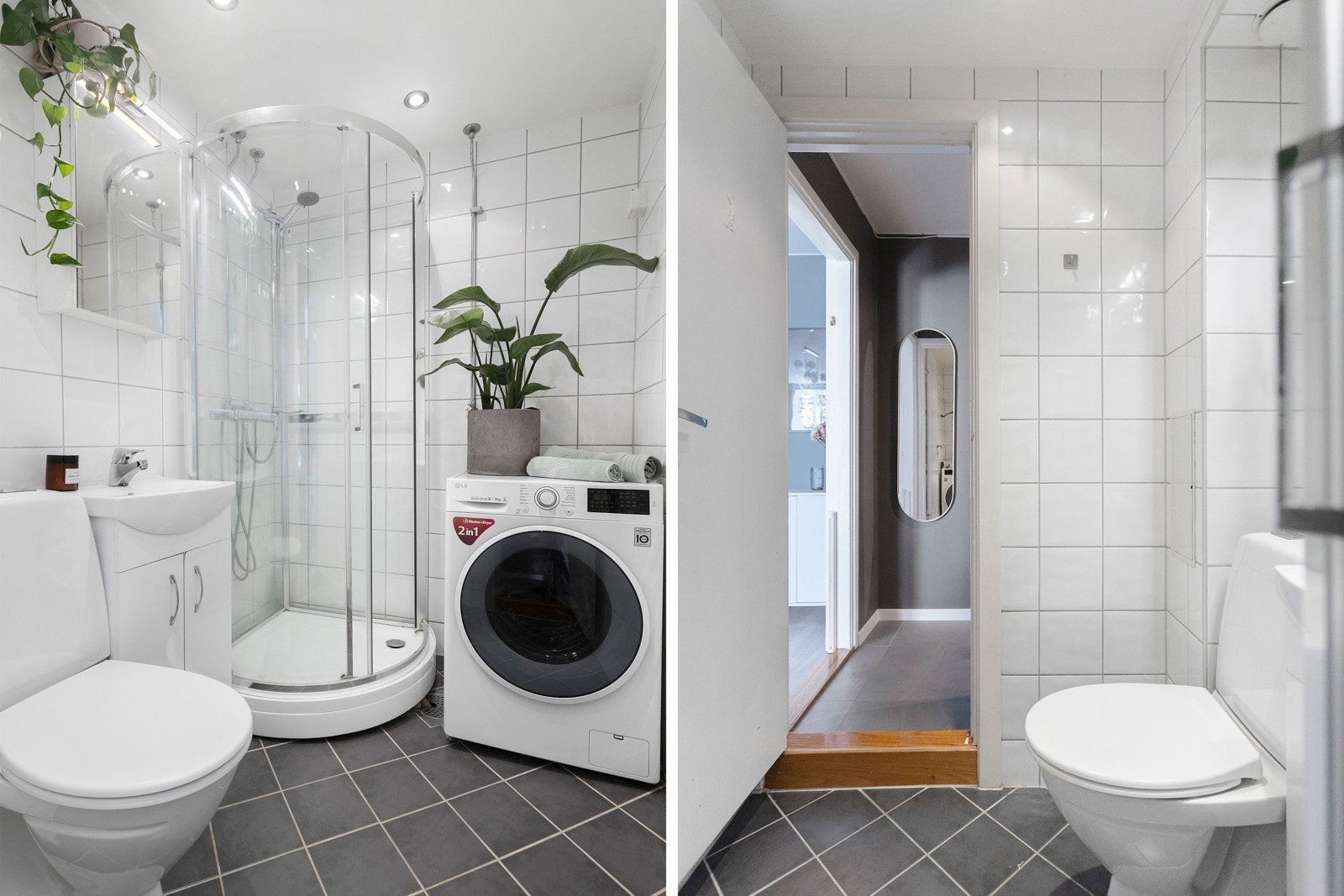 Pent flislagt baderom fra 2008 med varmekabler og downlights. Badet ble rehabilitert i regi av borettslaget Galleribilde