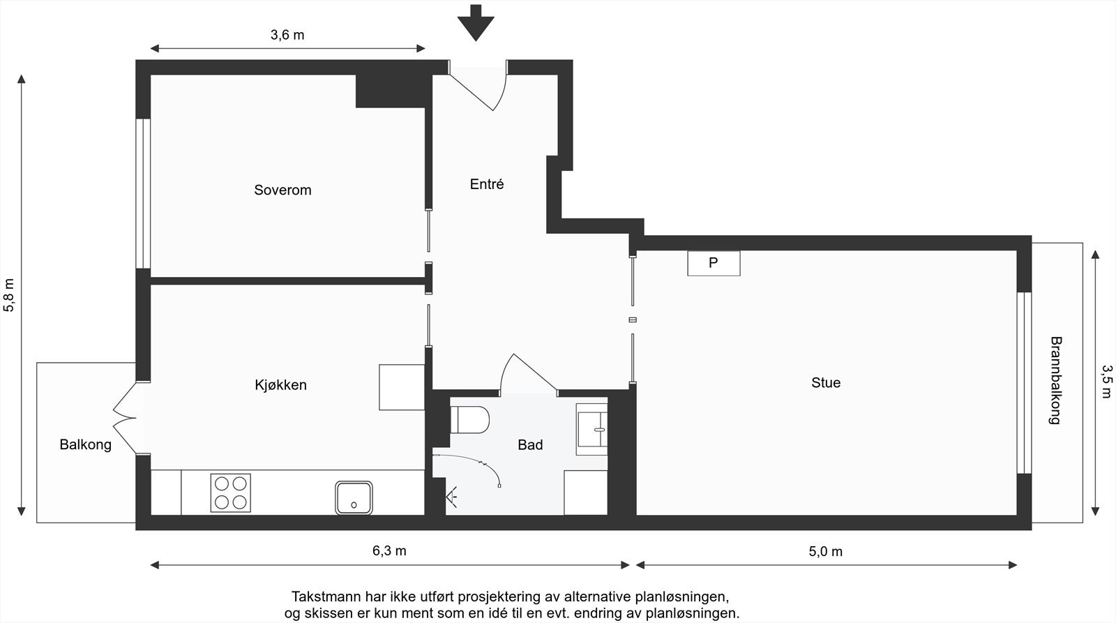 Alternativ planløsning, der stue og soverom bytter plass. Galleribilde
