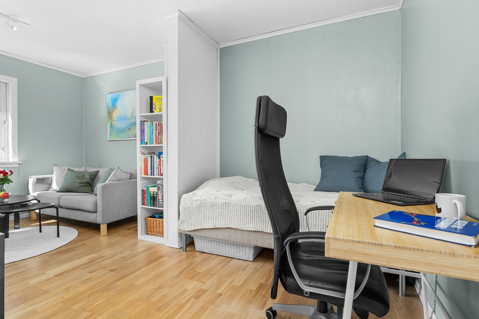 Deler av stuen er praktisk delt med skillevegg for å etablere et hyggelig sovehjørne. Galleribilde