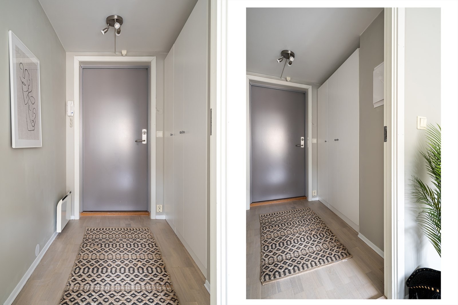 En lys og romslig entré som umiddelbart gir et godt førsteinntrykk av leiligheten. Innredet med romslig garderobeløsning. Galleribilde