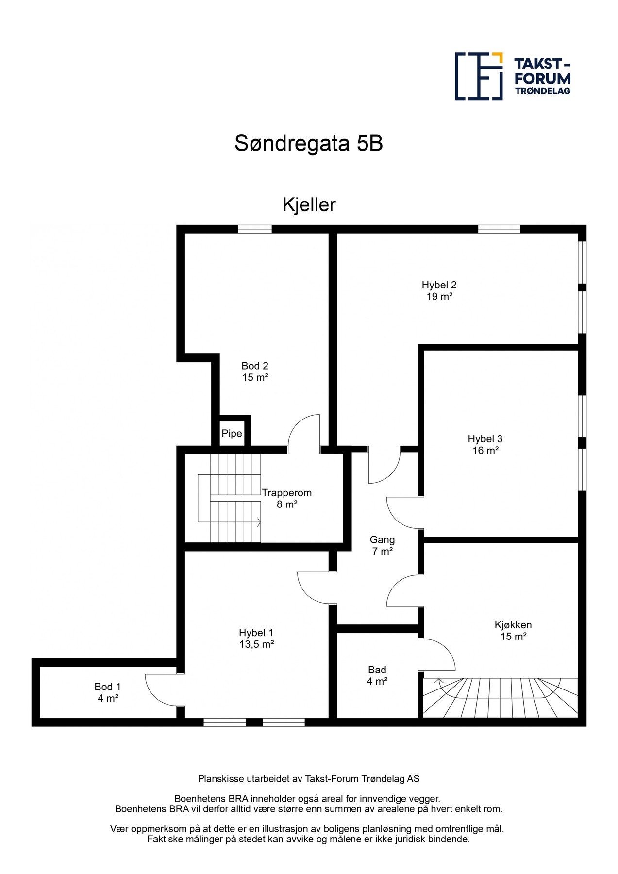 Plantegning - Kjeller. Godkjent utleiedel i sokkel med egen inngang fra hagen - 3 hybler som deler felles kjøkken og bad. Galleribilde