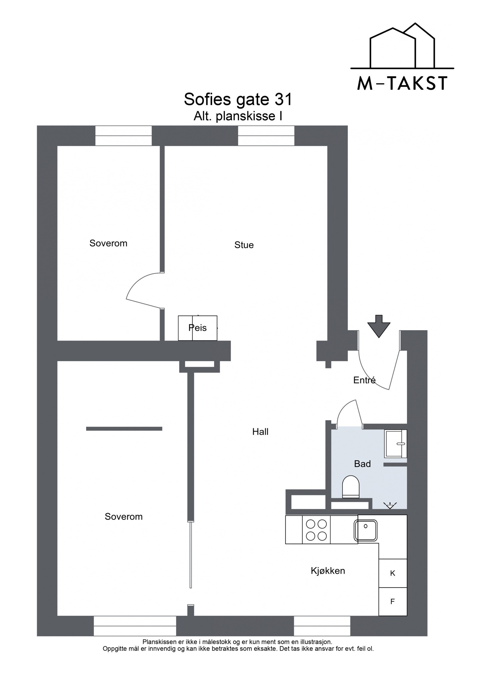 Alternativ planløsning som er ment som illustrasjon om man ønsker to soverom. Galleribilde