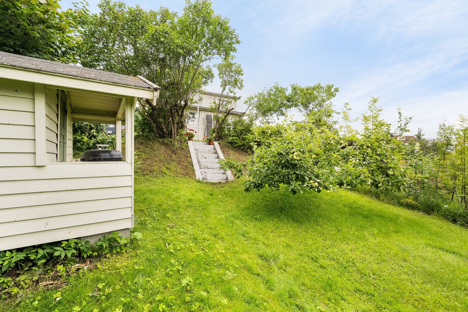 Usjenert hage med dukkestue og epletre. God plass til for eksempel trampoline. Galleribilde