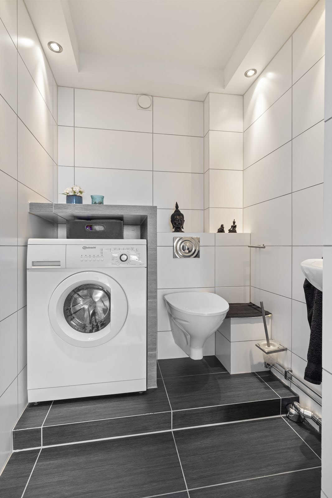 Vegghengt wc. Servant med underskap. Mekanisk avtrekk fra wc. Galleribilde