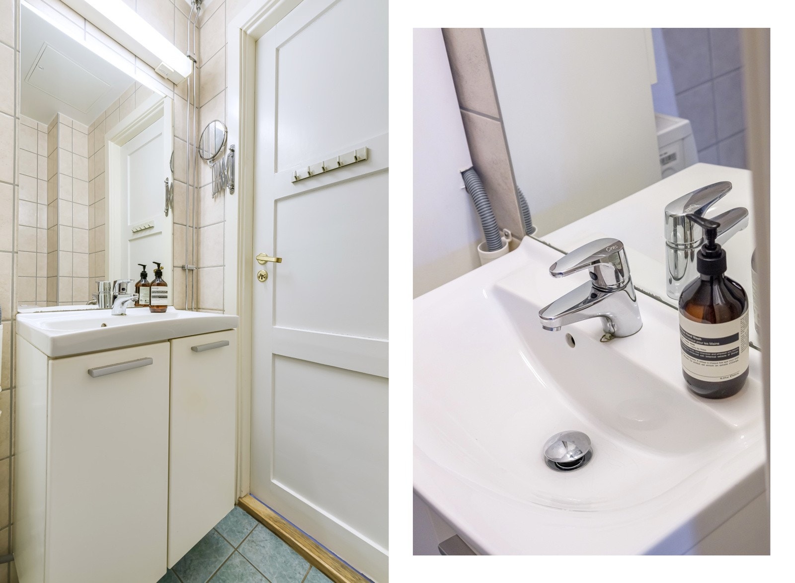 Badet har vask, skap og speil med belysning over. Galleribilde