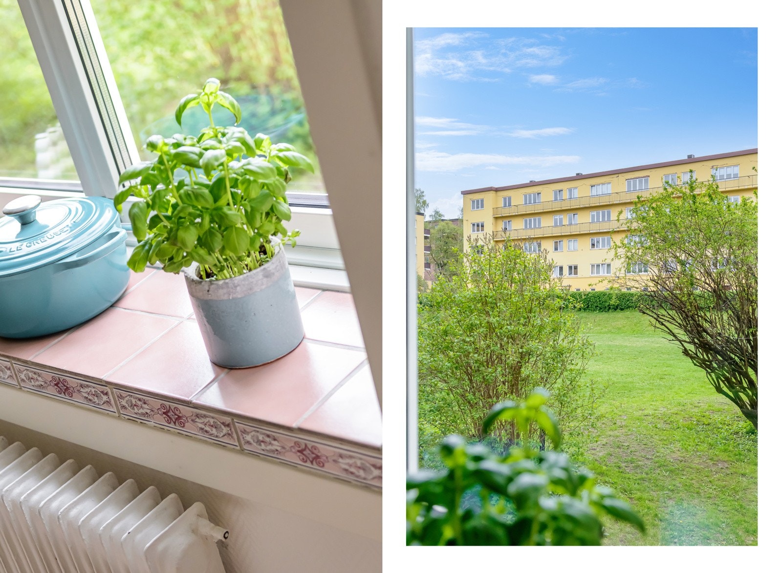 Stilig, flislagt vinduskarm og koselig utsyn mot felles hage på kjøkken! Galleribilde