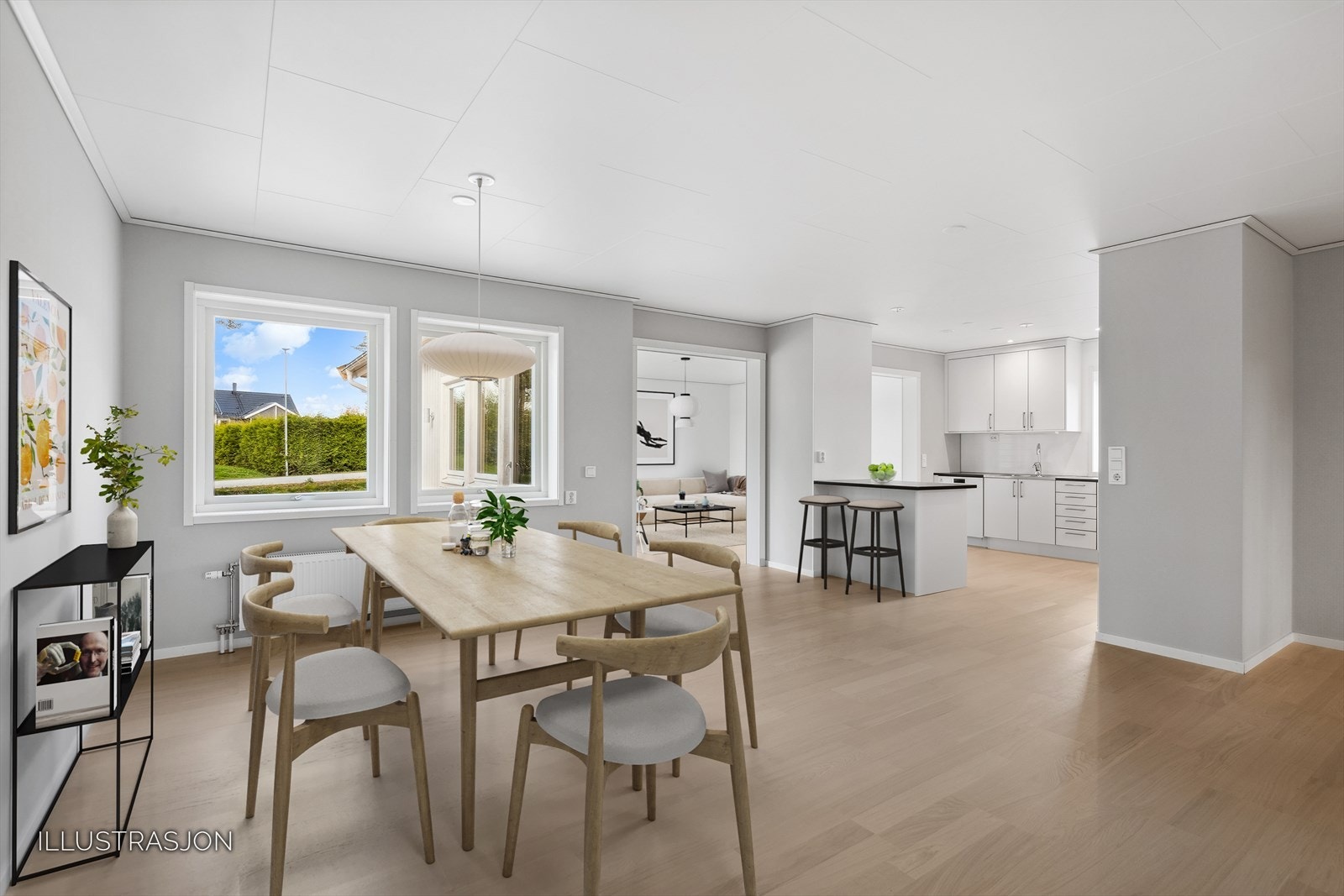 Det er flere innredningsmuligheter med denne stueløsningen. Bildet er digitalt møblert. Galleribilde