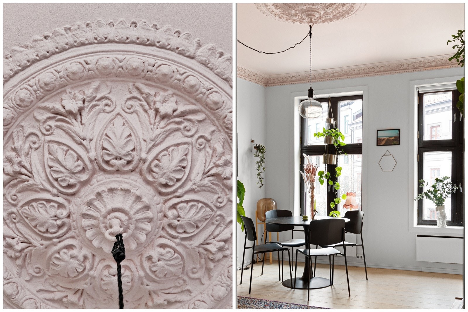 Leiligheten har klassiske detaljer som rosett og stukkatur, sjenerøs takhøyde og store vindusflater Galleribilde