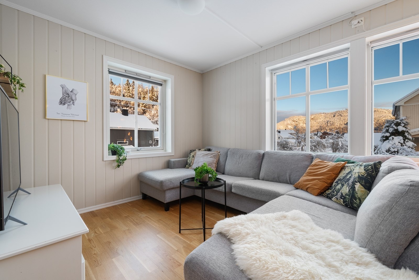 Stuen byr på rikelig med dagslys fra vindusflater i to himmelretninger. Galleribilde