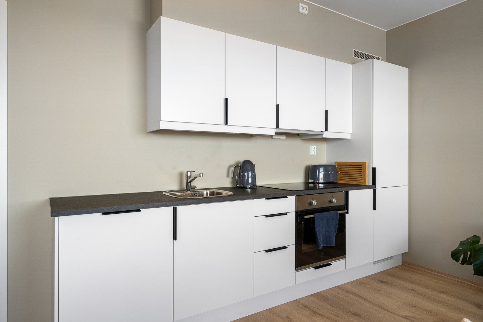 Integrerte hvitevarer og oppbevaringsmuligheter i skuffer og skap. Galleribilde