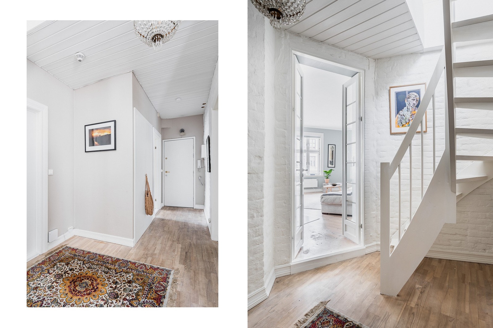 Entré/mellomgang med trapp mellom etasjene. Når døra til stua er lukket er det bra lydisolert mellom etasjene. Galleribilde