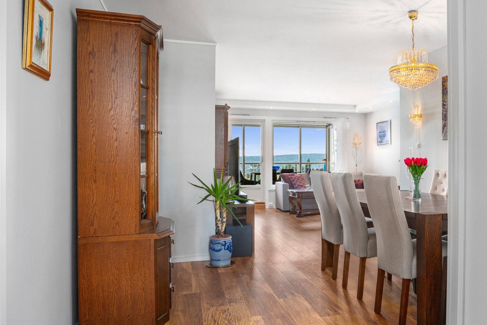 Stuen har to soner, en sofa-del og en tv-stue-del, svært praktisk både til hverdags og til fest. Galleribilde