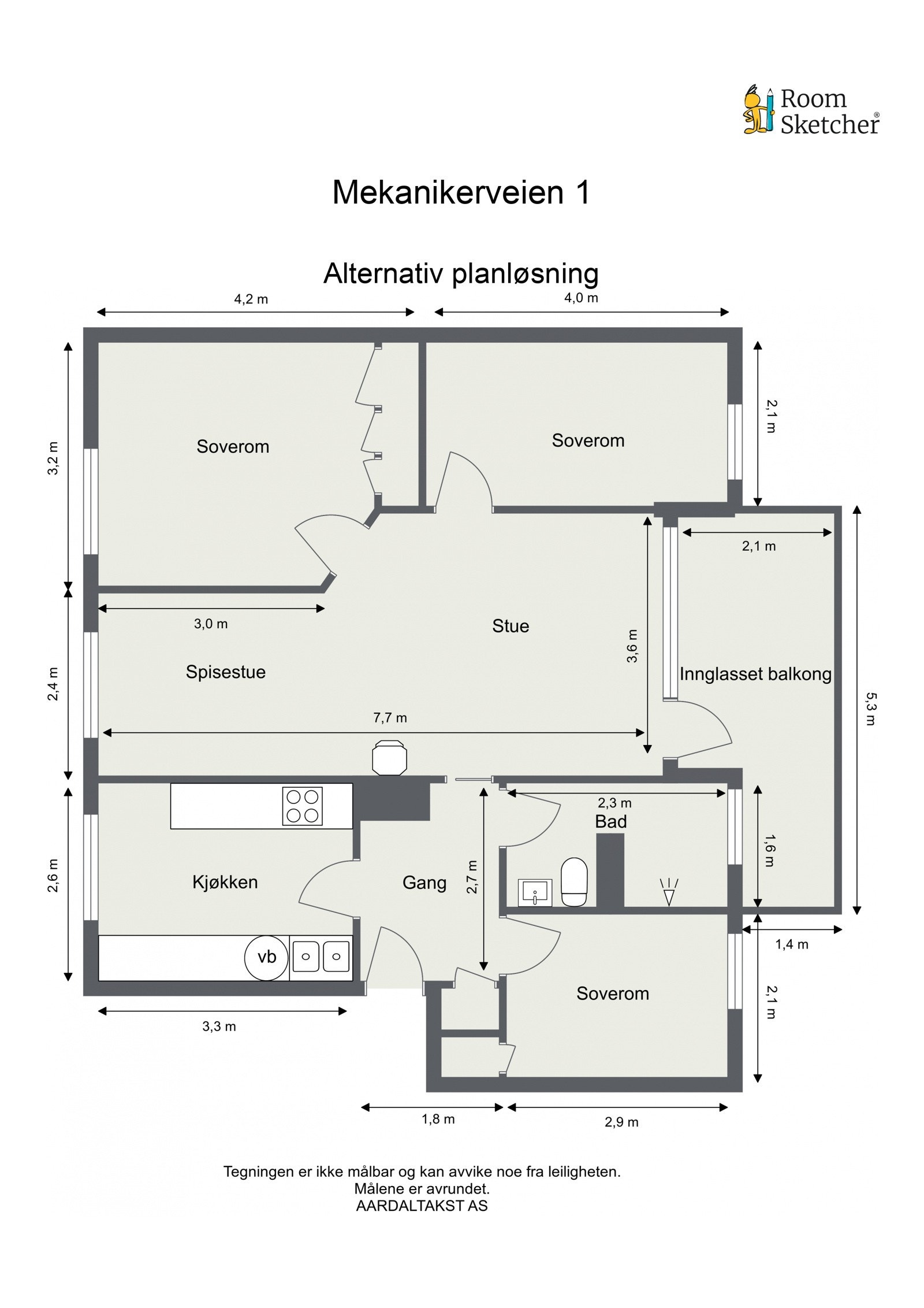 Alternativ planløsning med tre soverom. Leiligheten er opprinnelig en 4-roms med denne planløsningen. Galleribilde