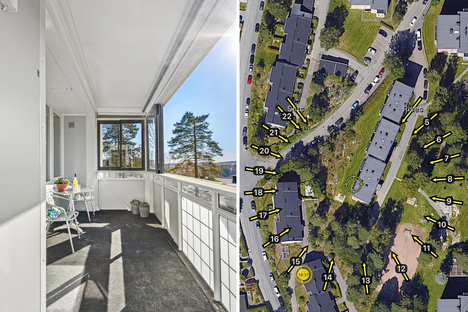 Den vestvendte beliggenheten sørger for meget gode solforhold. Det er rullgardiner til hele innglassingen for solskjerming og dobbelt stikk på veggen. Galleribilde