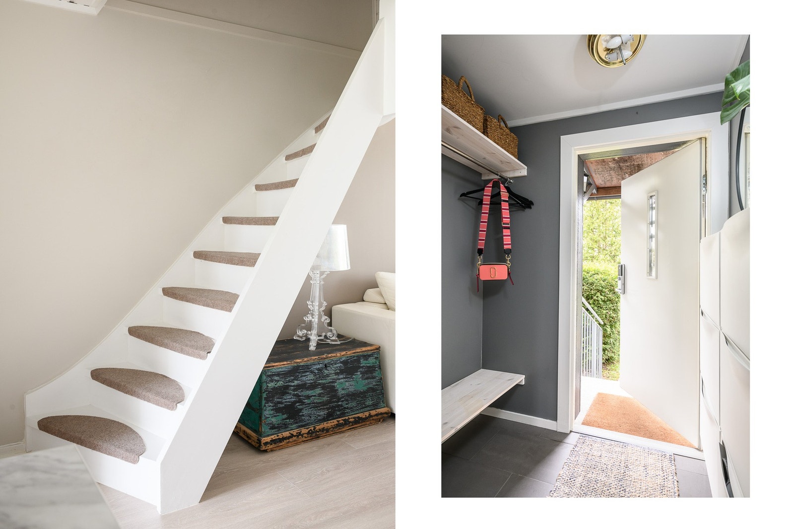 Entré med hyller og trappesatsen mellom etasjene. Galleribilde