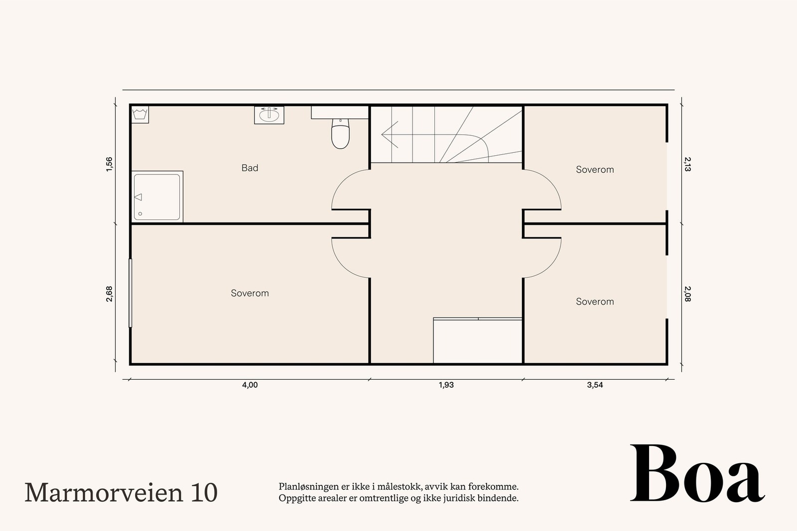 2. etasje: Trappegang, bad og tre soverom. Lagringsloft over trappegangen, som har atkomst via luke. Galleribilde