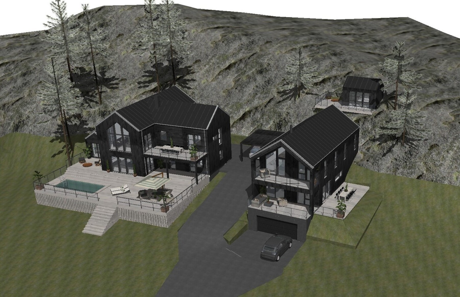Forslag til bolig (høyre i bildet) på gjeldende tomt. Boligen til venstre er prosjektert og byggesøkt (nabotomt). Galleribilde