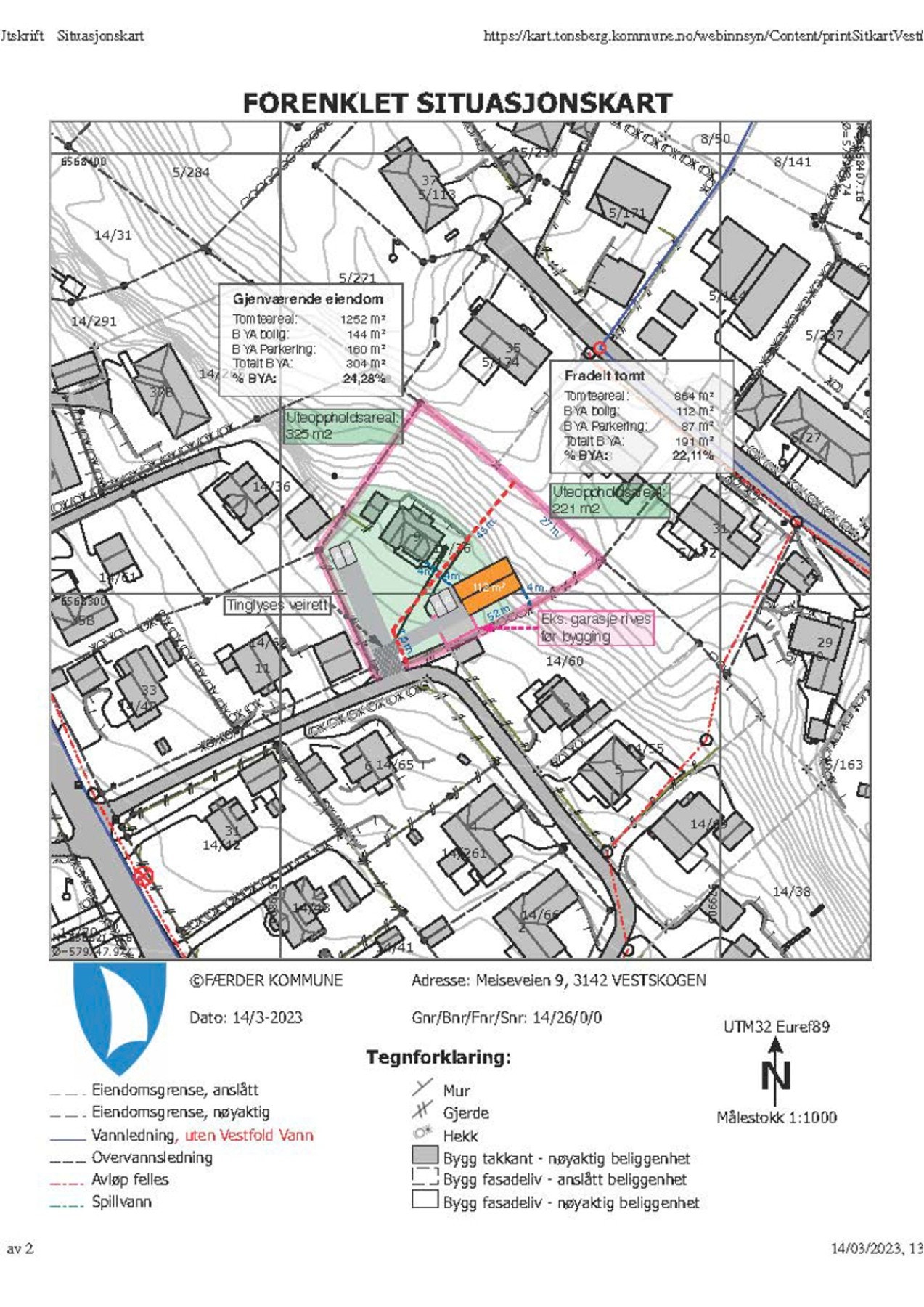 Situasjonskart over tomten (stiplet linje). Galleribilde